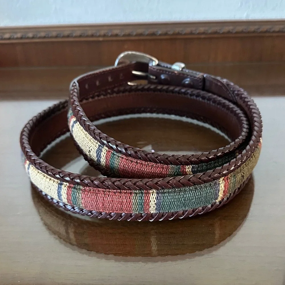 Vtg 90s Brighton Woven Leather Braided Belt Brown Western Striped Size 40 67506